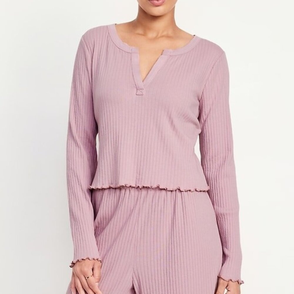 Old Navy Ribbed Knit Pajama Top Split V-neck Mauve Pink Size Large NEW